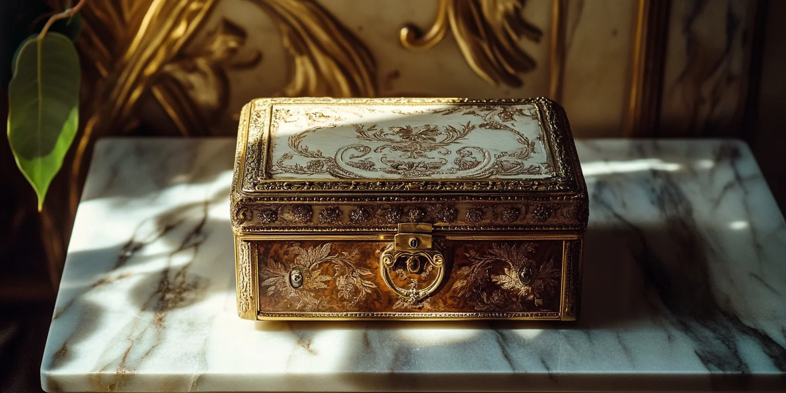 A front-facing view of a vintage style jewelry box with an intricate, light-colored lid.
